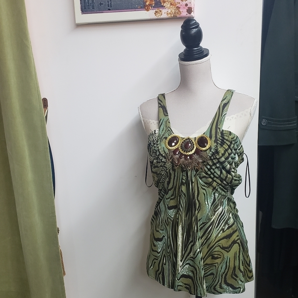NWOT Linda Segal Print Feather Tank Top